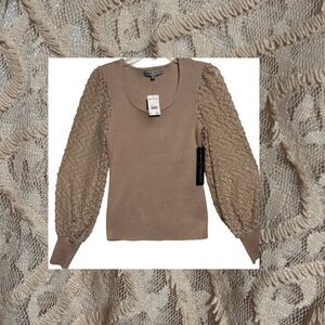 Absolutely Famous Ribbed Knit Scoop Neck Sweater Sheer Baloon Sleeves Rib Cuffs